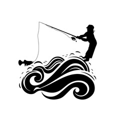 Silhouette of a child catching fish. Fishing in the sea or on a river. Stock vector illustration. hand drawn. Not AI