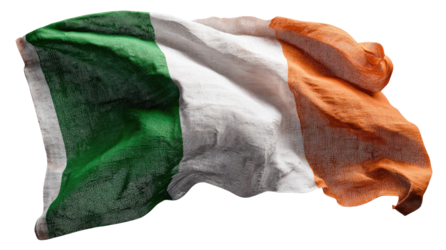 Irish flag billowing in the wind, displaying vibrant green, white, and orange hues.  A textured, flowing flag against a stark black background