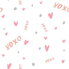 Seamless pattern with hearts and xoxo letters, cute love background, romantic texture, Valentine’s day design, pink adorable print for fabric, decor, wallpaper