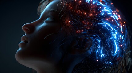 Futuristic woman with glowing data streams symbolizing artificial intelligence, technology innovation, and digital consciousness breakthrough