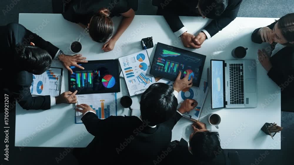 Poster top down aerial view of smart project manager present growth graph while marketing team analyze char