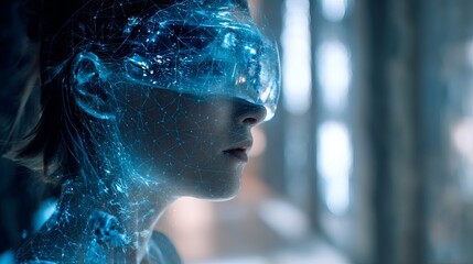 Futuristic woman immersed in virtual reality experience with glowing digital interface for innovative tech and AI concepts