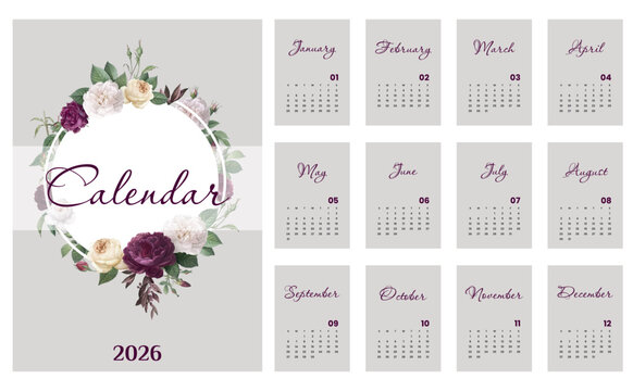 Vector illustration. Minimalistic calendar 2026 printable template a4. Week starts on Sunday