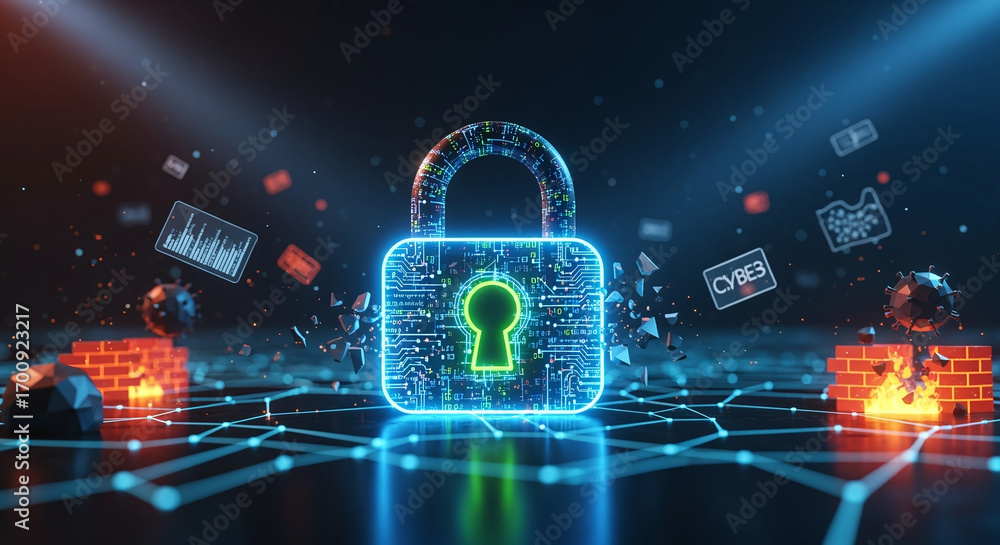 Poster cyber ​​security and data protection, internet network security, protect business and financial tran
