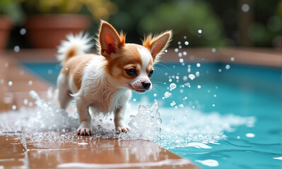 Adorable chihuahua dog Canis lupus familiaris running into swimming pool. Small chihuahua puppy enjoys summer fun near pool. Playful chihuahua splashing in water near poolside.