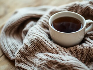 Cup of tea is sitting on a blanket