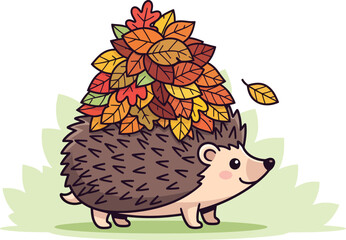 Cute cartoon hedgehog carrying a pile of autumn leaves.