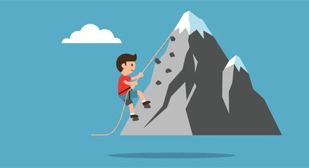 Determined cartoon climber ascending a challenging mountain summit.
