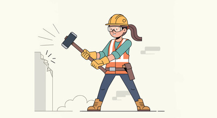 Female construction worker with a sledgehammer demolishing a wall.