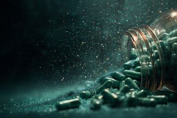 Fototapeta premium A glass jar filled with spirulina capsules spills its contents, creating a beautiful cascade. The scene is beautifully illuminated by a soft mist, adding to the cinematic and grainy atmosphere that su
