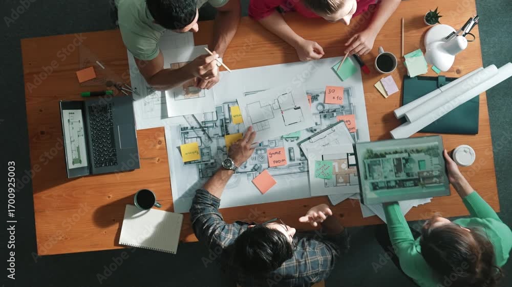 Poster top down view of civil engineers using tablet to design house structure while sitting at table with 