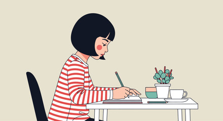 Illustration of a young woman with a bob haircut drawing at her desk.
