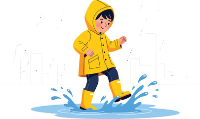 Joyful cartoon boy in a yellow raincoat splashing in a puddle.