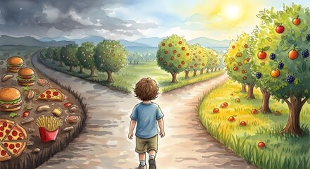 Watercolor painting of a child choosing between two paths, junk food temptation versus healthy fresh fruit orchard