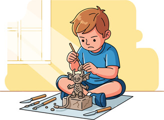 Young boy carefully sculpting a fantasy creature from clay.
