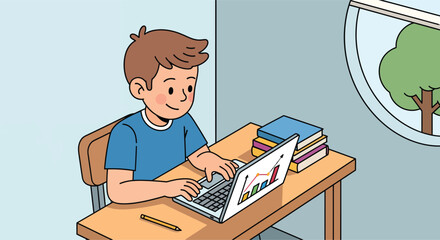 Young boy diligently studying on his laptop at a desk.