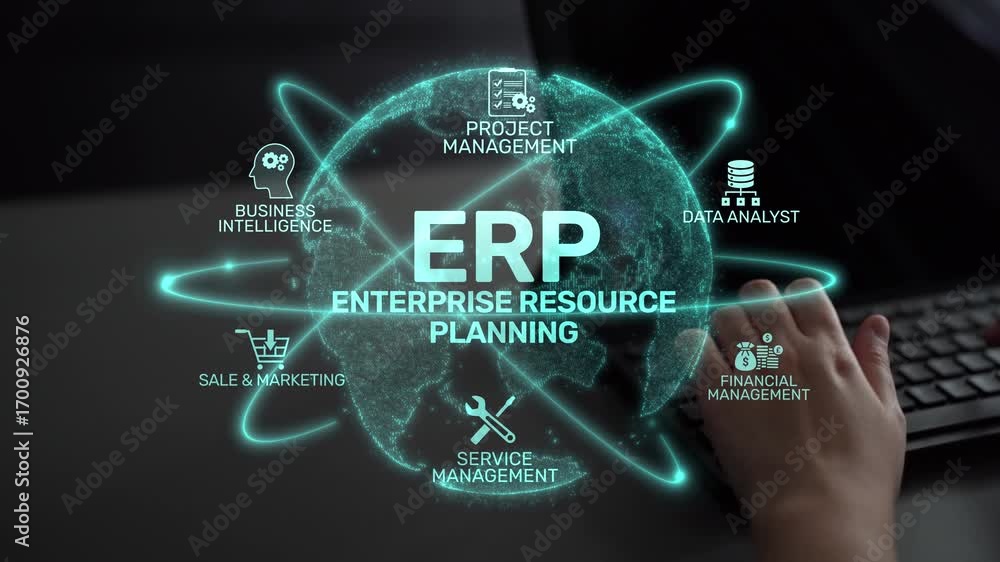 Poster erp platform visual showing centralized system for enterprise resource planning, improving integrati