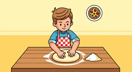 Young boy in an apron kneading dough on a table.