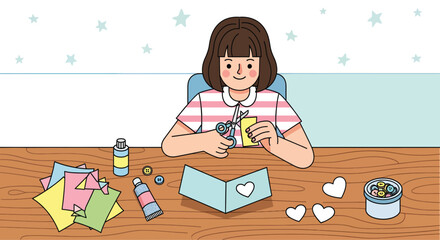 Young girl happily engaged in a creative crafting project.