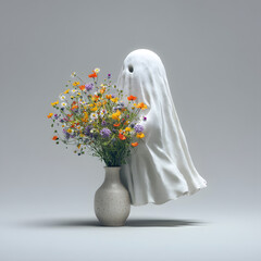 Cute ghost holding a flower in a vase for a funny halloween concept