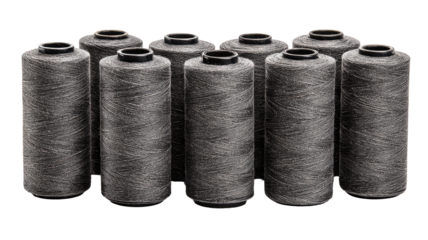 Rows of gray spools of thread