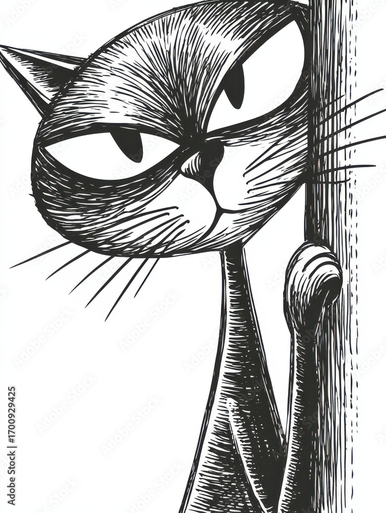 Poster grumpy cat: this artistic image showcases a grumpy, sleek black cat with a determined expression, it