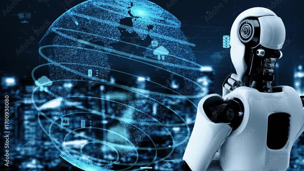 Poster futuristic robot artificial intelligence huminoid ai for industrial factory technology development a