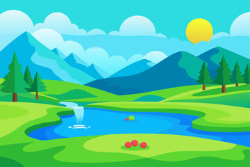 Fototapeta premium Mountain lake landscape with green grass, forest trees, blue sky, and sun vector illustration