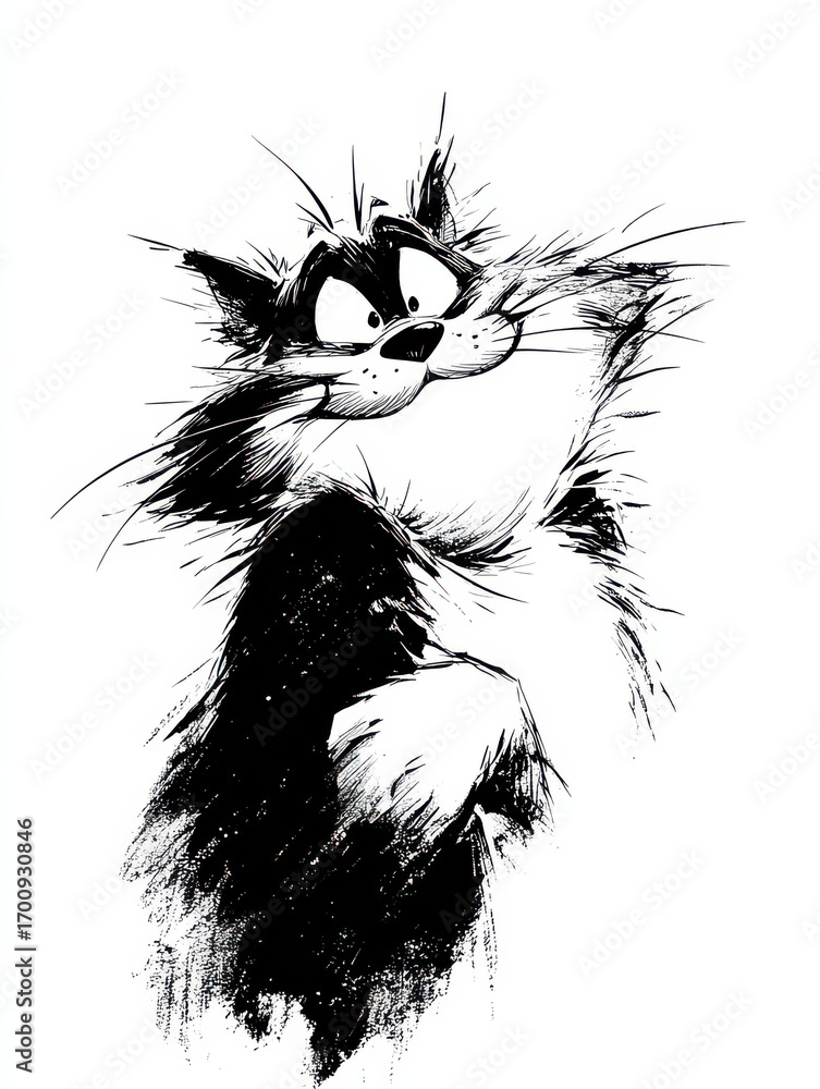 Poster whimsical feline: a charming monochrome illustration of a mischievous cat, capturing its playful nat