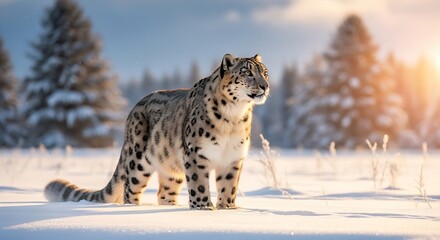 Obraz premium A majestic snow leopard stands alert in a serene, snow-covered landscape with pine trees and warm sunlight.