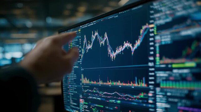 Analyst pointing at charts on a large monitor showing PPA price trends with fingers and screen sharp in detail background trading floor hazy.