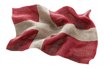 A digitally rendered Danish flag, depicted in realistic fabric texture. The flag displays red and light beige/cream colors in a Scandinavian cross design.