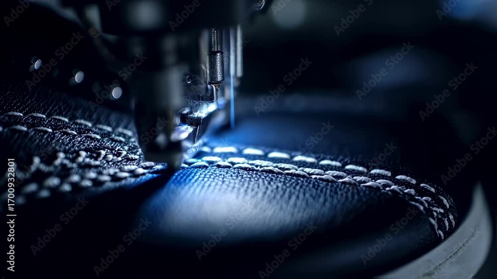 Poster close medium shot of a robotic system analyzing shoe stitching quality in a factory setting the shoe