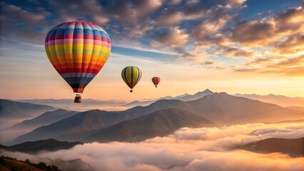 Obraz premium Hot air balloons flying over mountains at sunrise