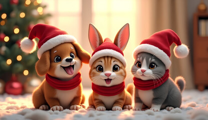Obraz premium Cute dog and cat wearing Santa hats for Christmas