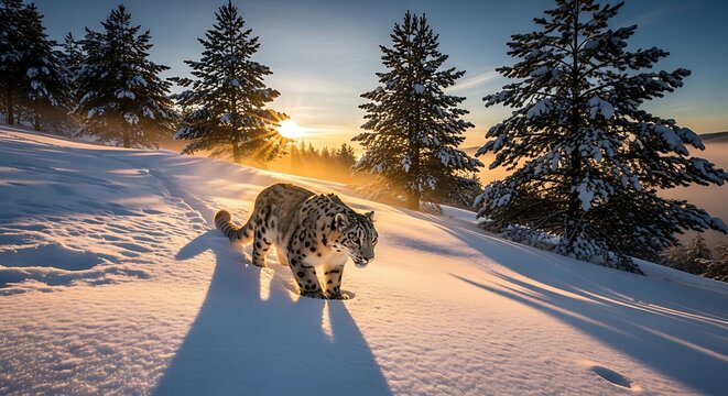 A majestic snow leopard walks through a snowy landscape during a golden sunrise, with tall pine trees silhouetted against the warm light. - Powered by Adobe