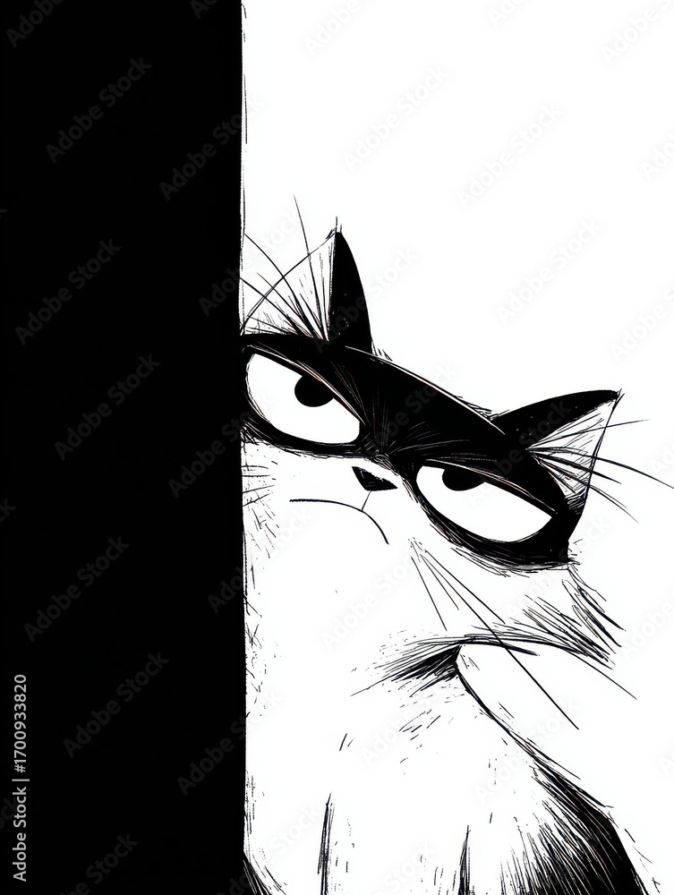 Poster curious cat: an expressive animated black and white cat peers out from behind a dark surface, captur