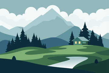 Summer landscape with mountains, green grass, and a clear sky above a forest and field view