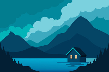 Fototapeta premium Mountain landscape vector illustration with blue hills, snowy peaks, and a misty forest at sunrise