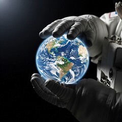 an astronaut's hand holding planet earth