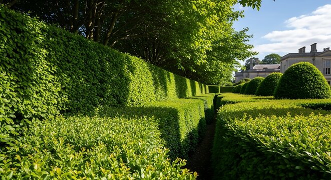 Immaculate topiary artistry creating geometric harmony in lush green formal garden design