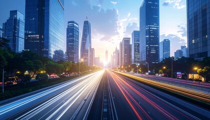 Obraz premium Urban highway scene at dawn, showcasing a modern city skyline with streaked light trails from vehicles.