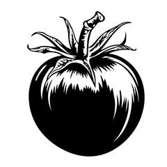 Ripe tomato silhouette with detailed stem and sepals, fresh garden vegetable vector illustration icon