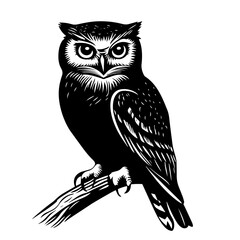 Perched owl silhouette with focused gaze on branch, wise nocturnal bird vector illustration icon