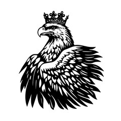 Regal crowned eagle bust silhouette with detailed feathers, noble avian crest vector illustration icon