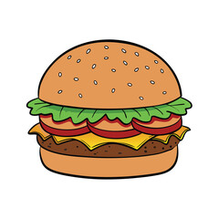 Classic beef burger with lettuce tomato and ketchup illustration