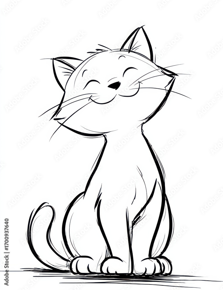 Poster smiling cat sketch: a charming sketch of a content cat, with a joyful expression, sitting upright in