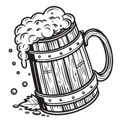 Vector cartoon icon of a cold, foaming pint of beer in a glass or mug on a wooden bar
