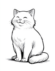 Obraz premium Smiling Kitty: A charming line art illustration of a fluffy cat radiating warmth and contentment, perfect for a variety of creative projects.
