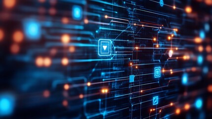 Abstract technology background with glowing lines and icons representing data flow and connectivity